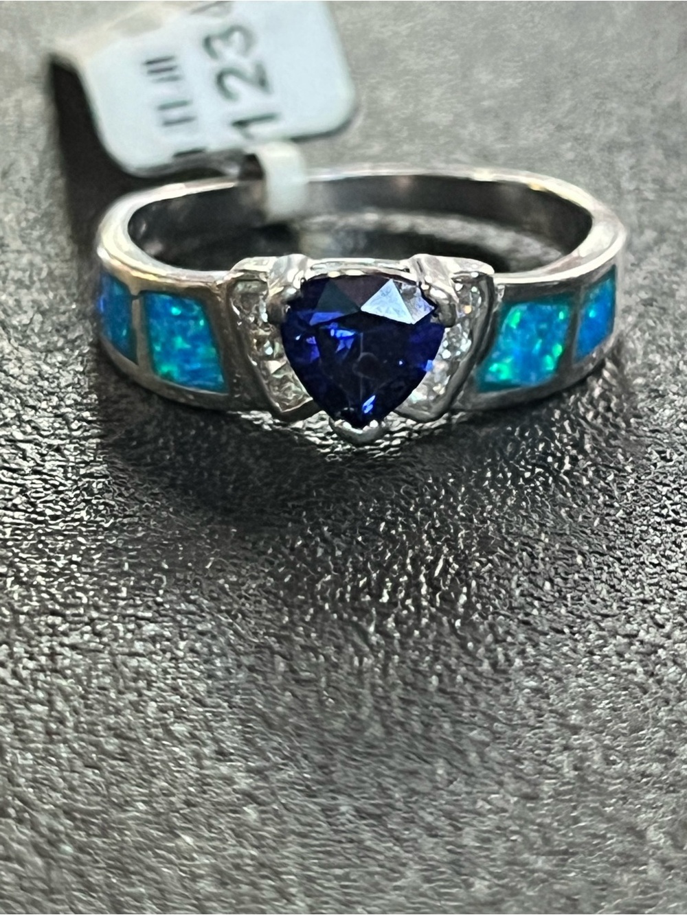 Sterling silver ring with blue center stone and opal inlay. Cz accents. Sz 8 New